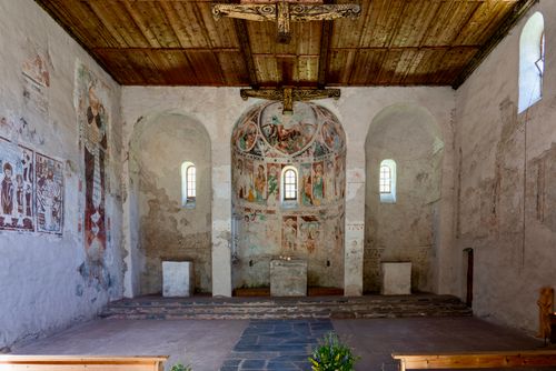 Free Interior of ancient church showcasing historic frescoes and stone architecture. Stock Photo