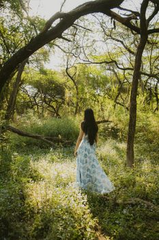 A woman walks peacefully through a sunlit forest, surrounded by green foliage.