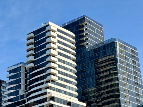 Free Contemporary high-rise buildings in Box Hill, Victoria under clear blue sky. Stock Photo