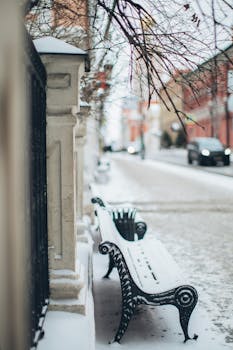冬季寂静的街道上，一张废弃的长凳覆着皑皑白雪，捕捉到了季节的宁静之美