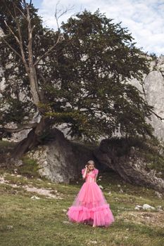 A young girl wearing a vibrant pink dress stands in a picturesque outdoor setting with rocky terrain.