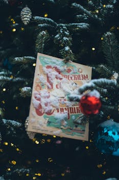 一棵装饰精美的圣诞树上，点缀着白雪装饰品和节日贺卡