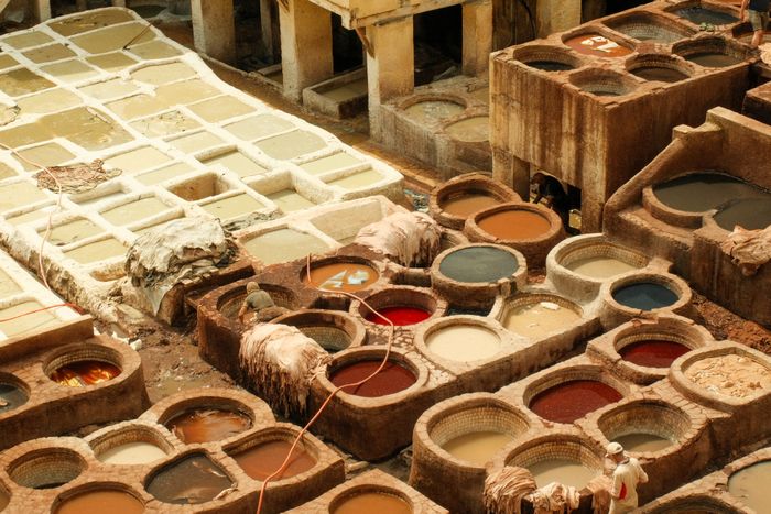 Colorful traditional tanneries in the medina of Fes, Morocco