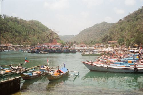 Free Vibrant fishing boats anchored at a coastal village in Yogyakarta, Indonesia, surrounded by lush hills. Stock Photo