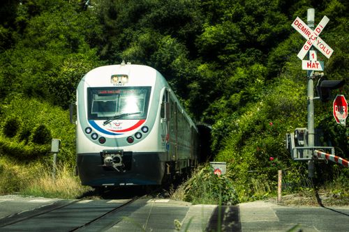 Free Modern train emerging from a lush forest tunnel near a railway crossing sign in daylight. Stock Photo