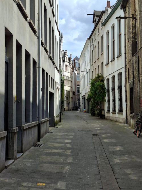 Free A quiet cobblestone street in a historic alley of Antwerp, Belgium, flanked by picturesque buildings. Stock Photo