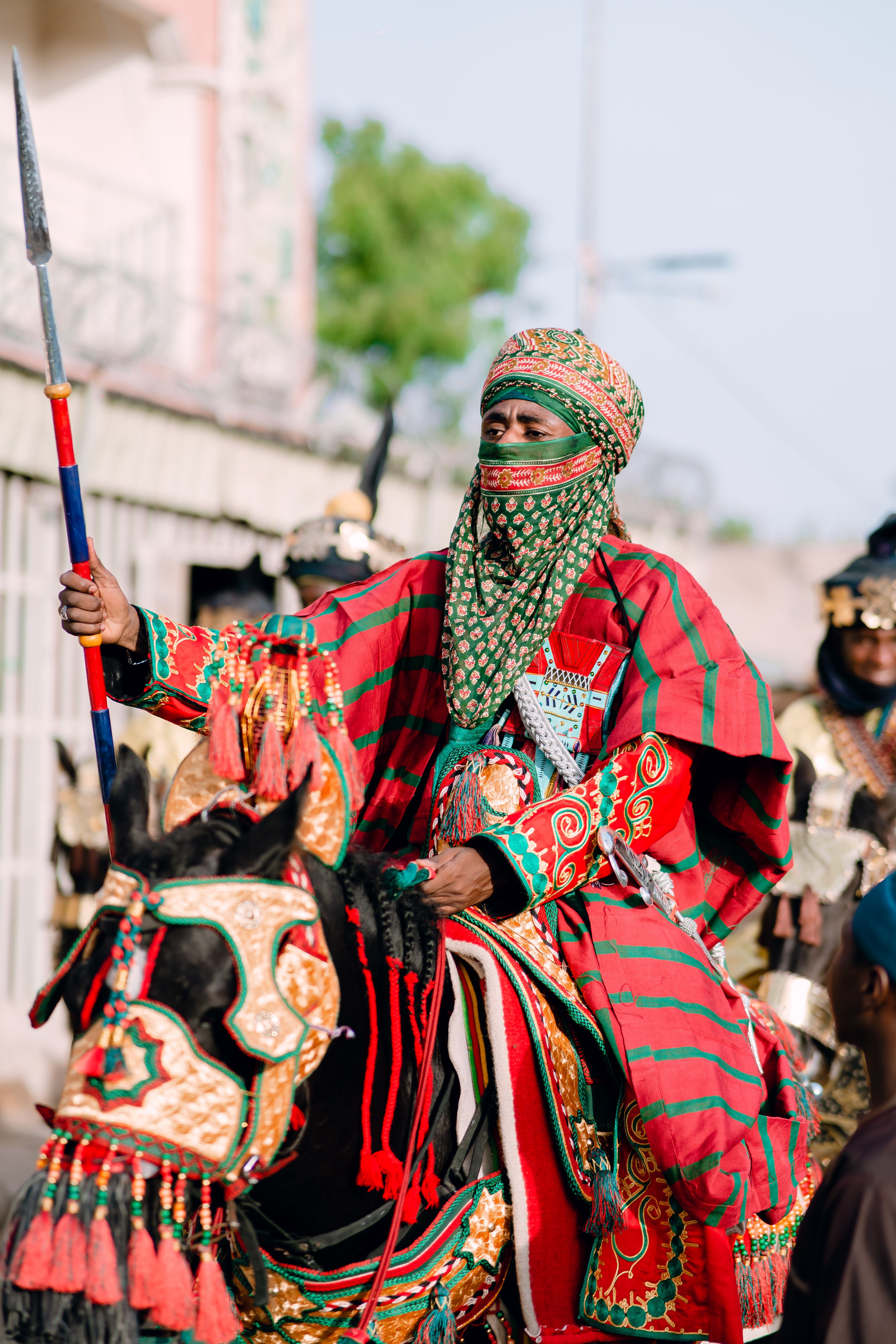 A rider in vibrant traditional attire participates in a cultural parade, showcasing intricate patterns.