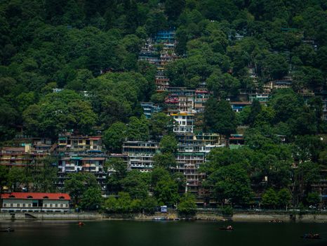 A picturesque view of hillside buildings surrounded by lush green forest in Nainital, India.