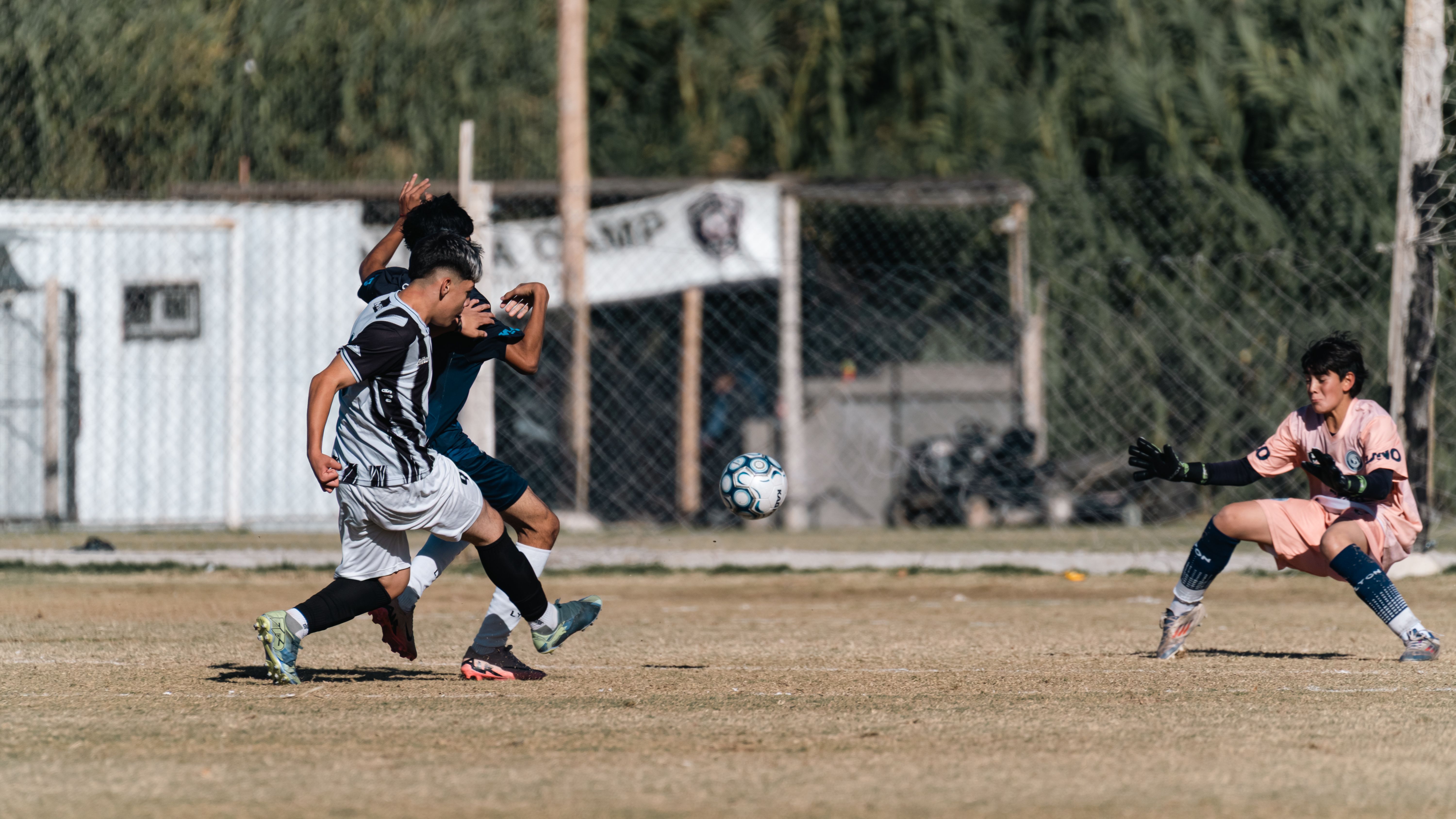 Dynamic soccer match featuring focused players in action, emphasizing sportsmanship and teamwork on an outdoor field.