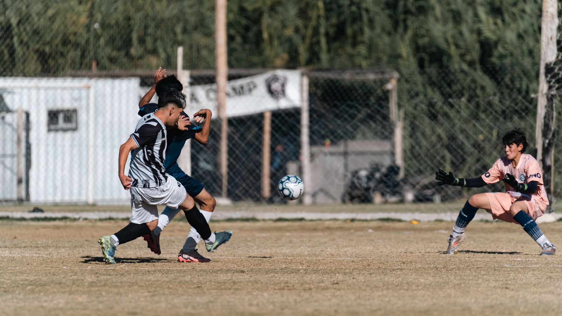 Dynamic soccer match featuring focused players in action, emphasizing sportsmanship and teamwork on an outdoor field.