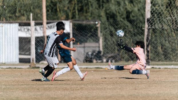 Football match action shot capturing a goalkeeper's dramatic save during a game.