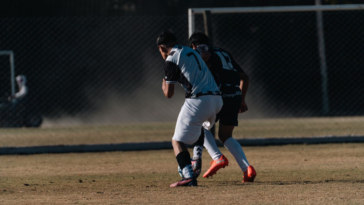 two soccer players competing on a field during a daytime match