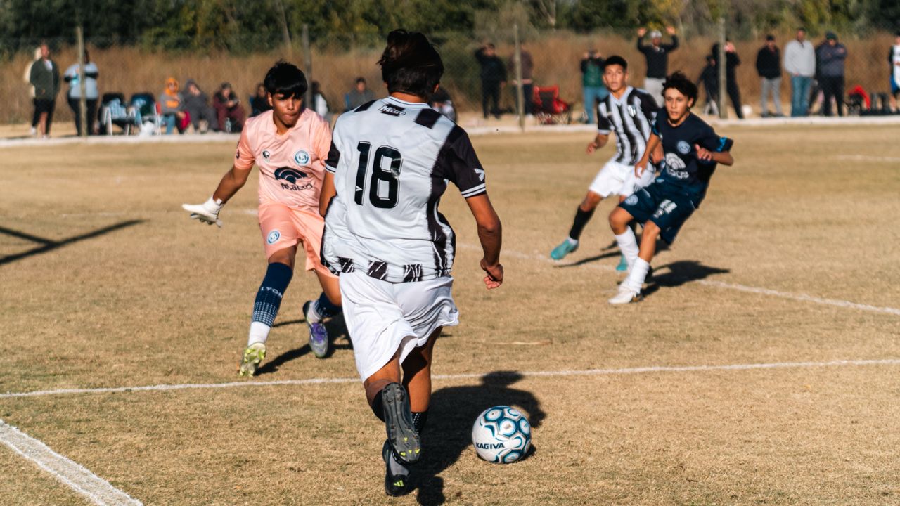 action packed scene from a teenage soccer game on a sunny day showing