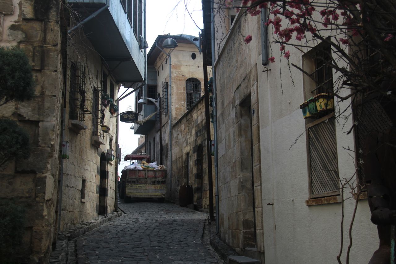 a narrow cobblestone alley with ancient stone buildings and blooming t