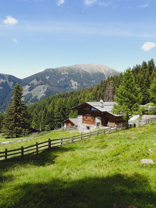Free Traditional wooden cabin amidst lush greenery in Trentino-Alto Adige mountains. Stock Photo