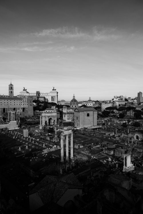 Free Black and white photograph of the ancient Roman Forum in Rome, Italy, showcasing historic architecture. Stock Photo
