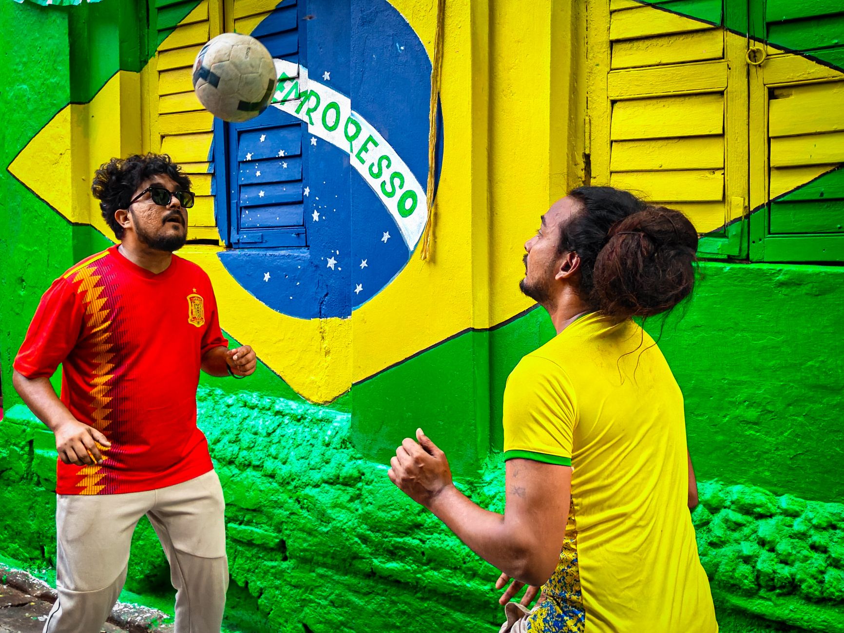 France, Brazil, and Spain football teams displayed on a stadium analytics screen before the 2026 World Cup
