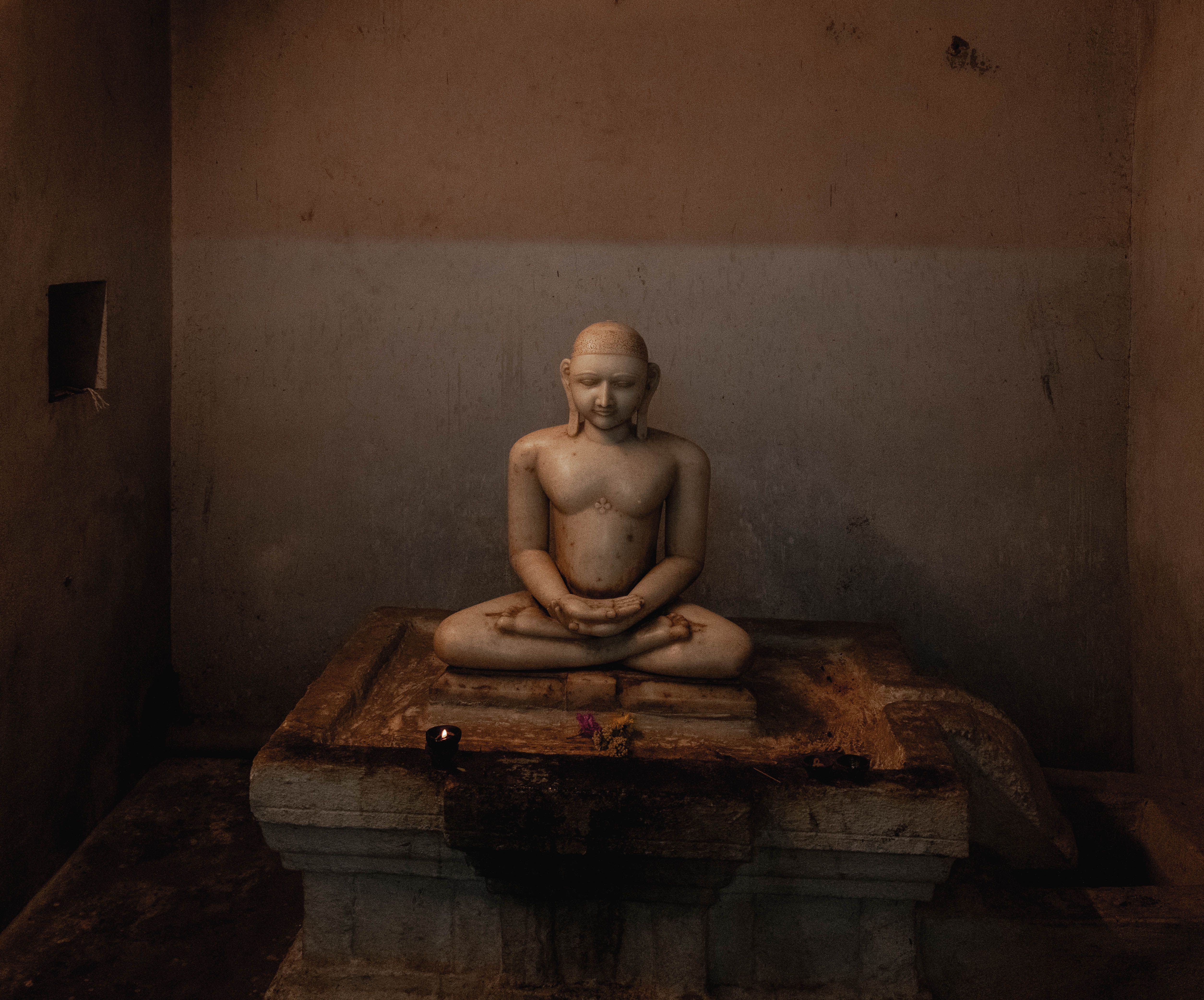 A tranquil marble statue in a dimly lit temple in Kanchipuram, India, exuding calmness.