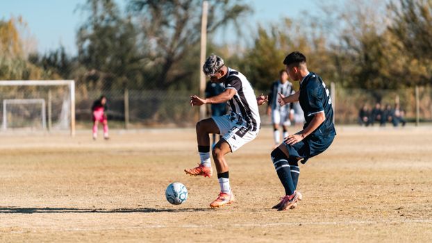 Action-packed soccer game with players competing vigorously on a sunny day.