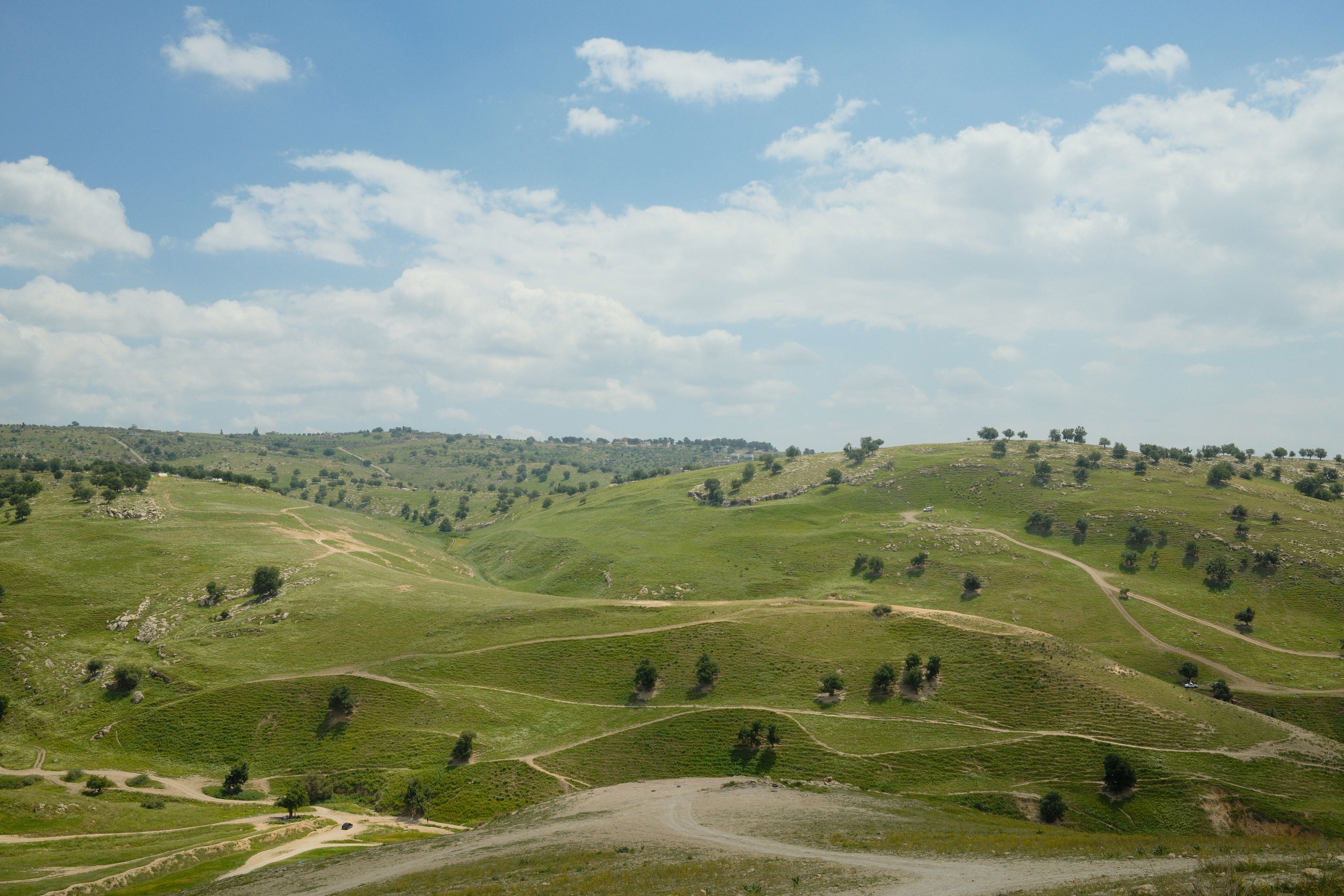 A scenic view of rolling green hills with scattered trees under a partly cloudy sky.