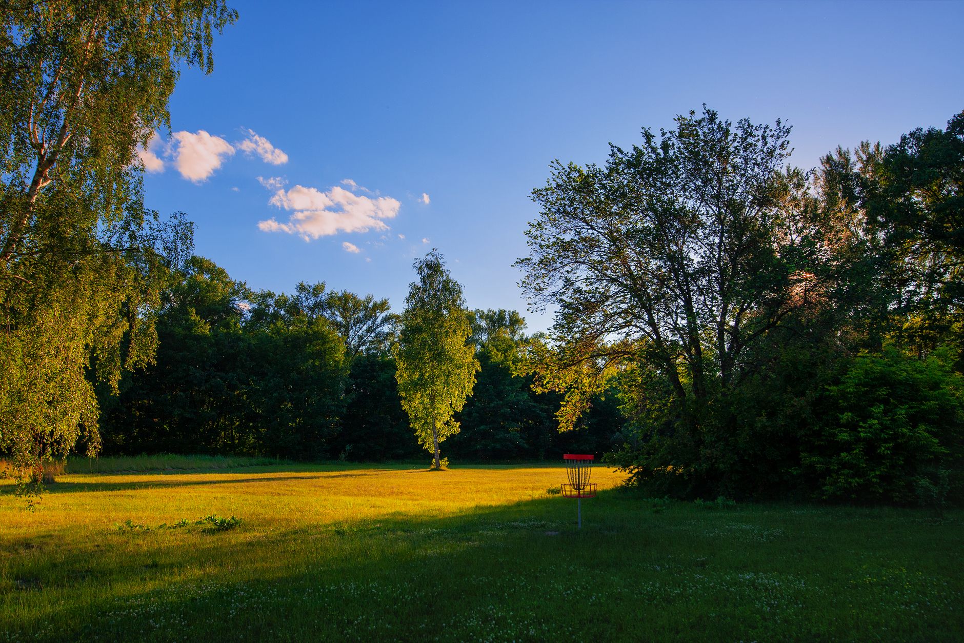 A scenic park landscape during sunset featuring a disc golf basket