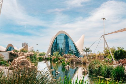 Free Stunning view of L'Oceanogràfic's modern architecture, surrounded by lush greenery and a tranquil pond in Valencia, Spain. Stock Photo