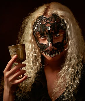 一个女人戴着神秘的黑色蕾丝面具，手里拿着华丽的圣杯