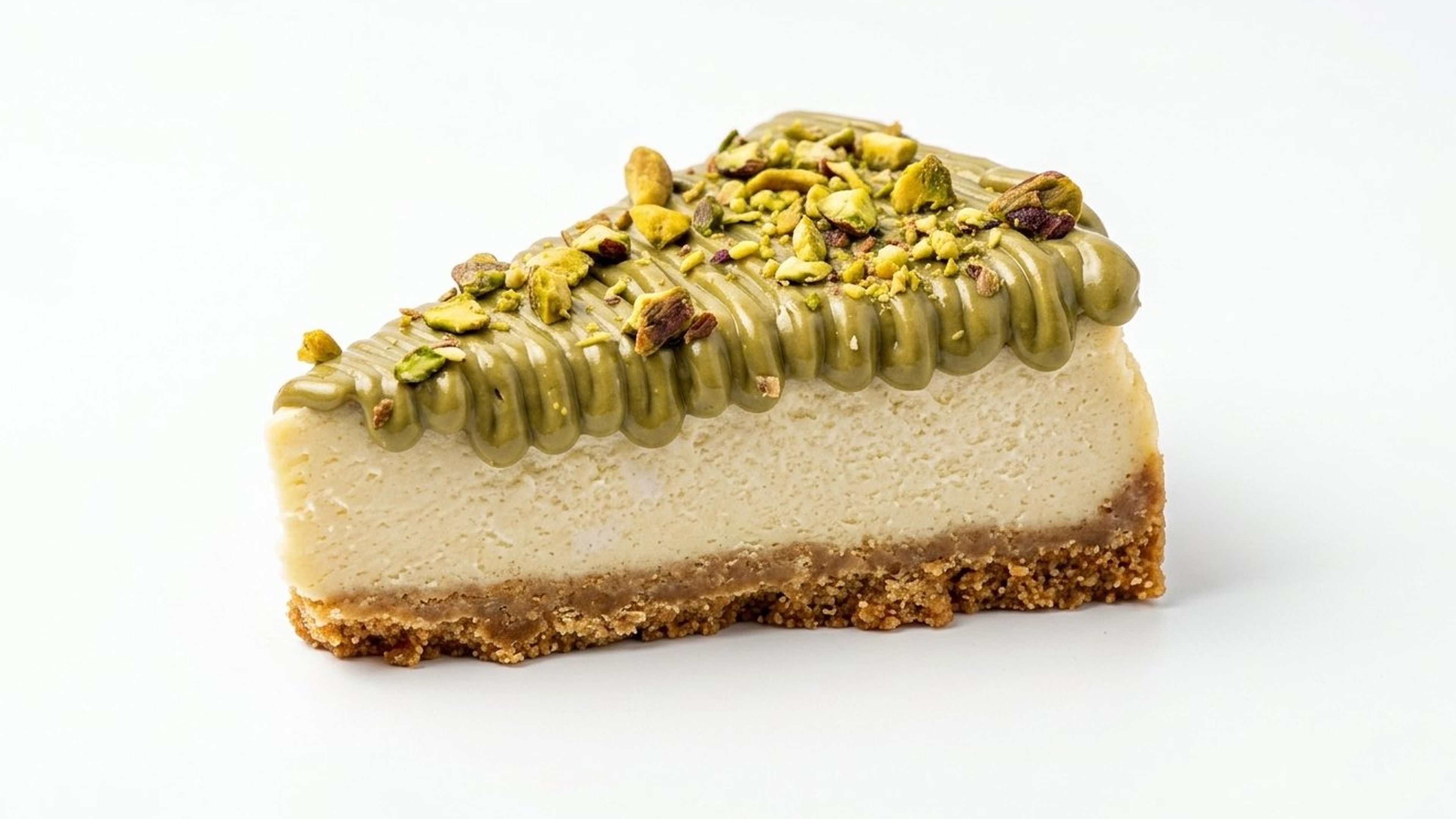 Creamy pistachio cheesecake with whipped white chocolate ganache on top