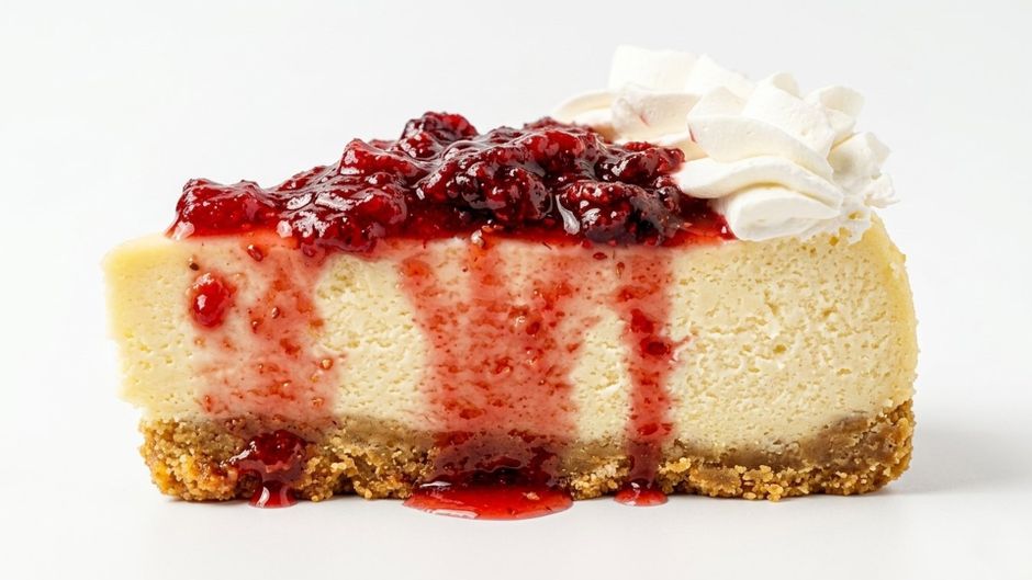 A slice of cheesecake topped with berry sauce and whipped cream on a white background.