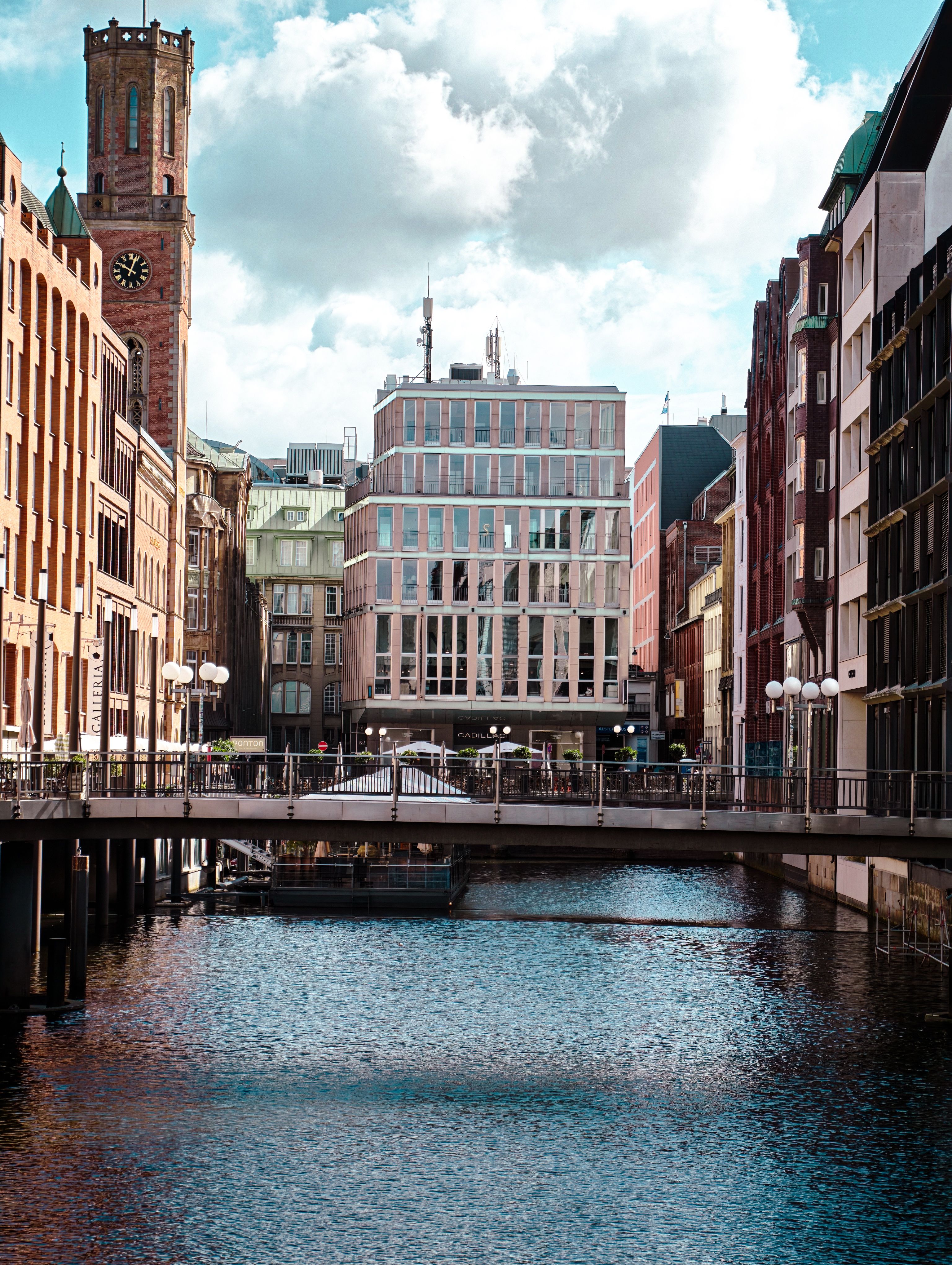 Charming view of Hamburg's iconic canal with historic architecture and bridge, showcasing the city's unique blend of tradition and modernity.
