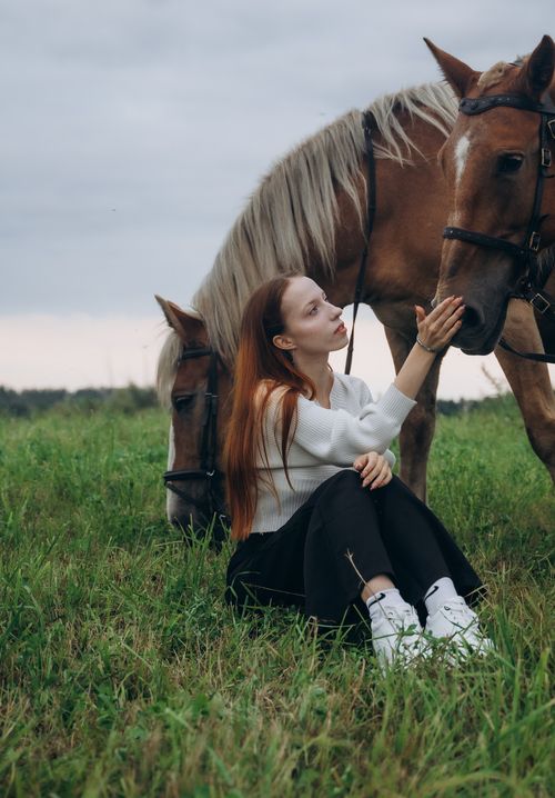Free A tranquil scene of a young woman and two horses in a peaceful meadow. Stock Photo