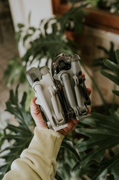 Two drones held in hand against indoor greenery background.