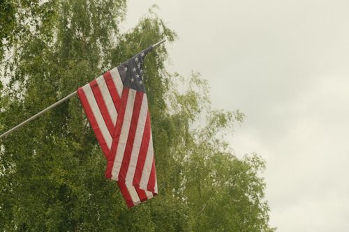 Free An American flag waving with a backdrop of green trees under a cloudy sky. Stock Photo