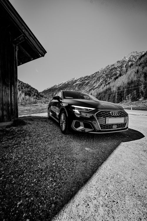 Free A sleek Audi parked by a rustic cabin with Tyrolean Alps in the background, captured in black and white. Stock Photo