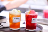 Close-up of two refreshing iced drinks with citrus garnish served on a tray indoors.