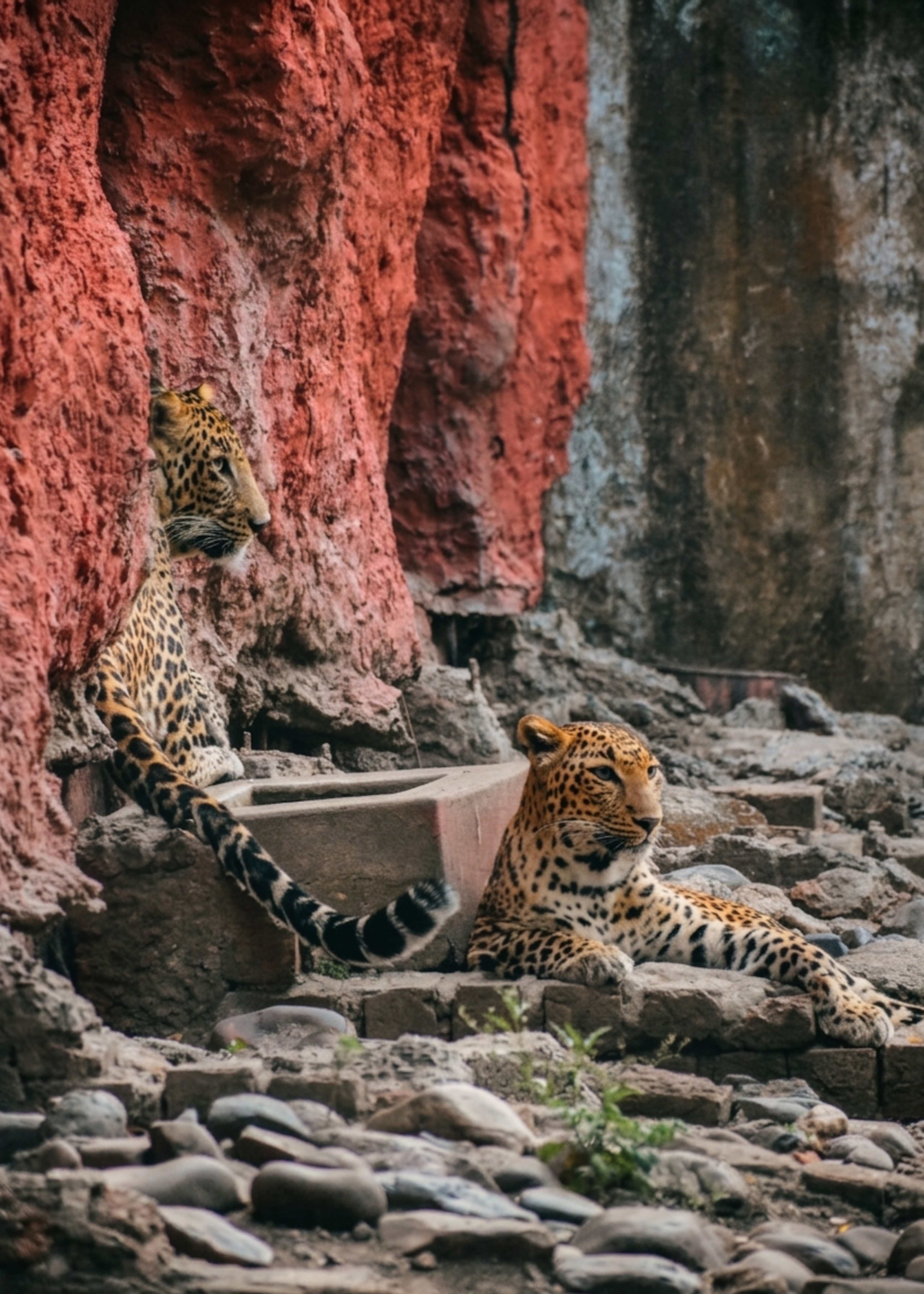 Two leopards lounging on rocky terrain against a red rock wall. Majestic wildlife scene.