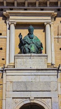 Bronze statue of Pope Sixtus V at Apostolic Palace, Loreto, Italy.