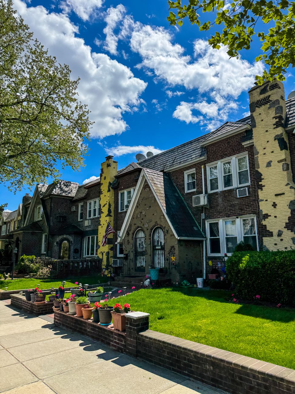 Residential street of Tudor-style homes in Queens, New York