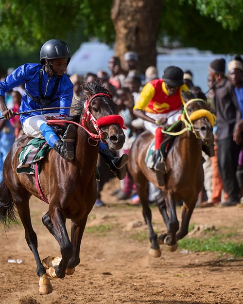 Free Exciting horse race captured outdoors in Zaria City, Nigeria showcasing athletes and vibrant community spirit. Stock Photo
