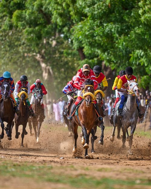 Free Dynamic scene of a horse race with jockeys in colorful attire in Zaria, Nigeria. Stock Photo