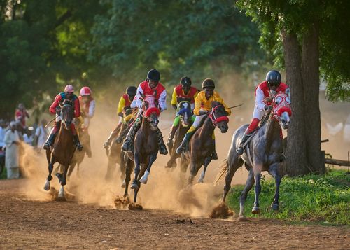 Free Vibrant horse racing scene in Zaria City, showcasing skilled jockeys and dynamic action. Stock Photo