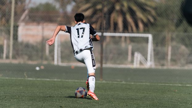 A young soccer player dribbles the ball on a sunny field wearing a number 17 jersey.