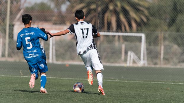 Exciting moment captured during a soccer match with two players running for the ball.
