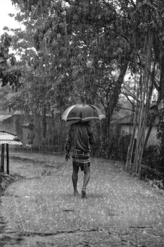 A solitary figure walks through heavy rain under an umbrella on a rural path.