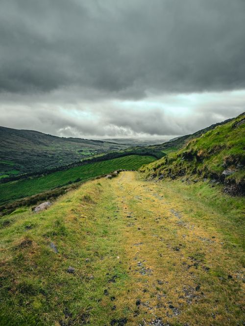 Free A lush green valley with dramatic cloudy skies creating a moody landscape scene. Stock Photo