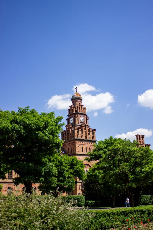 Free Historic university building in Chernivtsi, Ukraine, under a blue sky. Stock Photo