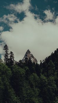 Stunning view of a mountain peak surrounded by forest in Dombay, Russia.