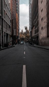 Eerie empty city street flanked by tall buildings and distant trees under a cloudy sky.