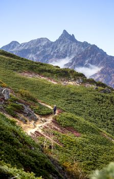 A hiker traverses a scenic trail in the Japanese Alps, surrounded by lush greenery and majestic mountains.