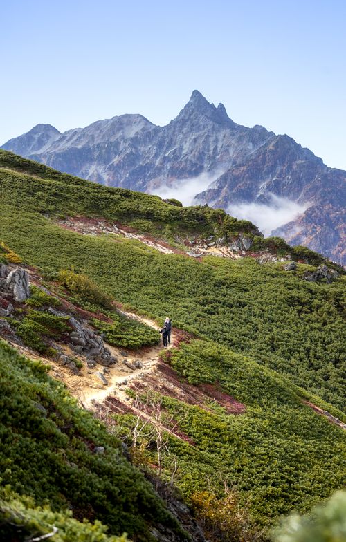 Free A hiker traverses a scenic trail in the Japanese Alps, surrounded by lush greenery and majestic mountains. Stock Photo